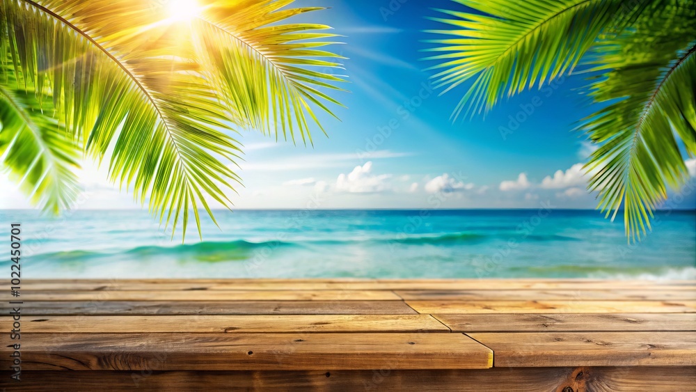 Immerse your product in a lively tropical beach scene featuring lush palm leaves, ideal for summer displays, enhancing visuals with a beautiful seascape backdrop. Immerse your product in a lively tropical beach scene featuring lush palm leaves, ideal for summer displays, enhancing visuals with a beautiful seascape backdrop.