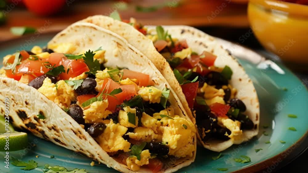 Savor the flavors of a delightful breakfast with two scrumptious breakfast tacos brimming with scrambled eggs, black beans, pico de gallo, and fresh cilantro, elegantly arranged on a plate