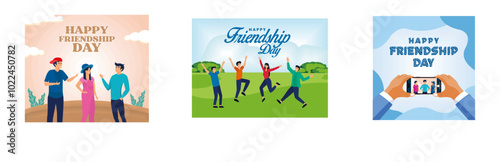 A group of friends celebrating together.  Friendship day.  Group of three friends taking a photo with a smart phone. Set flat vector modern illustration