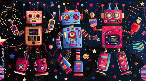 Fototapeta Naklejka Na Ścianę i Meble -  Colorful robots in a whimsical space setting surrounded by stars and playful elements.