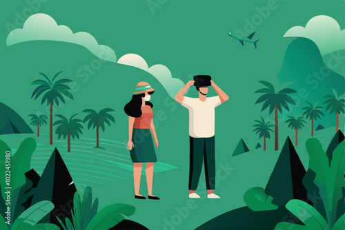 A couple wearing masks, one with a VR headset, explore a tropical island virtual reality travel experience.