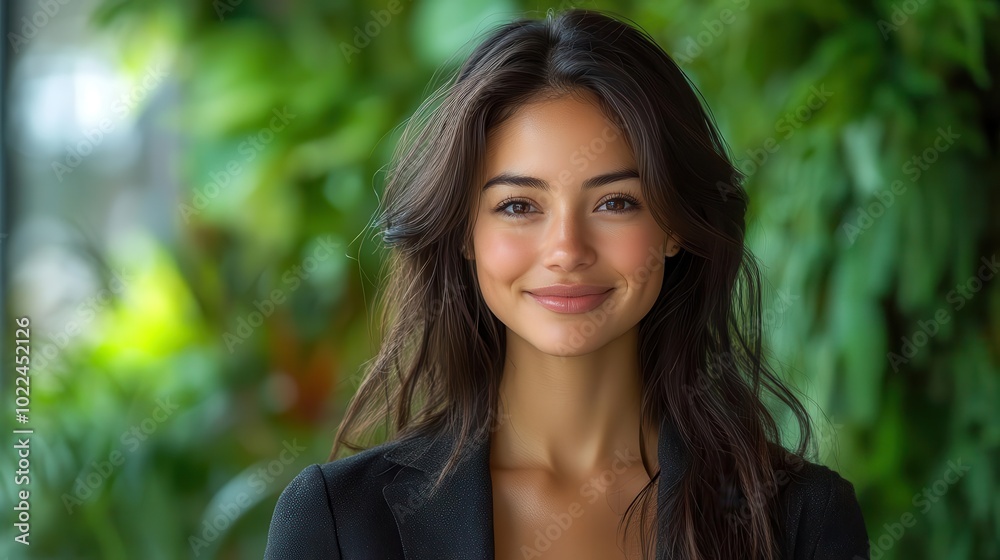 confident businesswoman smiling in front of a lively green backdrop her dark hair flowing dressed in a professional outfit capturing a sense of empowerment and approachability confident businesswoman smiling in front of a lively green backdrop her dark hair flowing dressed in a professional outfit capturing a sense of empowerment and approachability