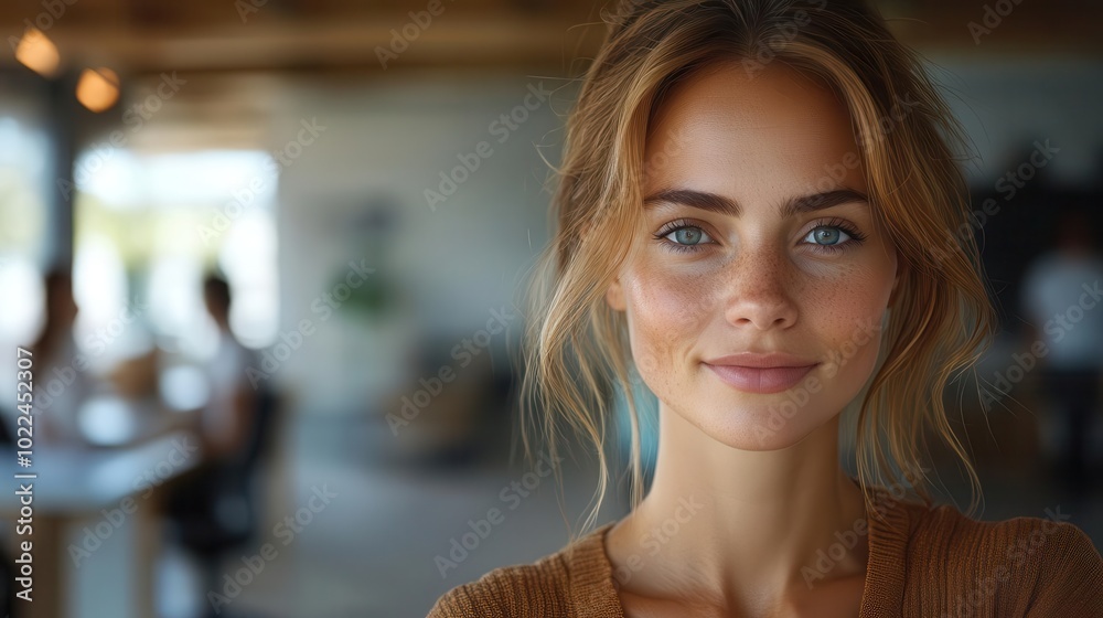 confident professional woman exuding positivity while posing in her office with employees subtly visible in the background ample copy space for text overlay or branding confident professional woman exuding positivity while posing in her office with employees subtly visible in the background ample copy space for text overlay or branding