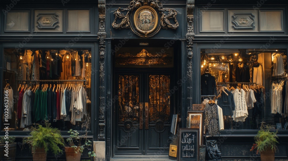 A Store Front with Ornate Architectural Details and Clothing Displays A Store Front with Ornate Architectural Details and Clothing Displays