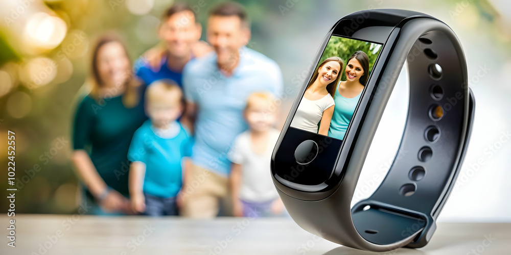 Glossy Fitness Tracker on Plain Surface - High Resolution Image Showcasing Device for Family Bonding and Shared Health Goals with Ample Copy Space Glossy Fitness Tracker on Plain Surface - High Resolution Image Showcasing Device for Family Bonding and Shared Health Goals with Ample Copy Space