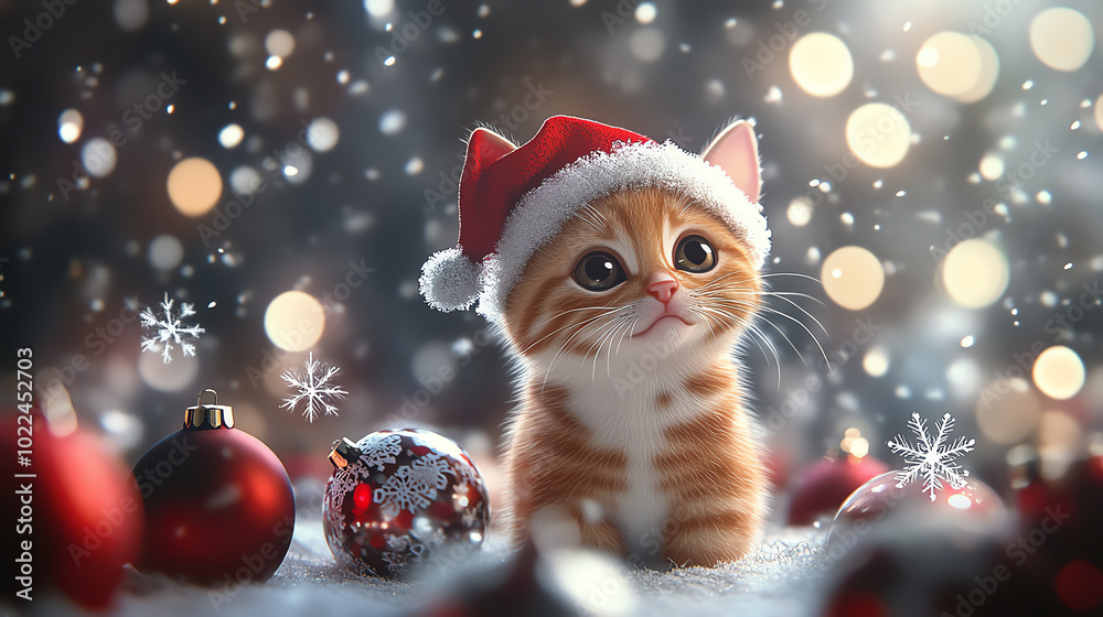 A cute ginger kitten wearing a Santa hat, surrounded by festive ornaments and a sparkling background, creating a delightful holiday atmosphere.