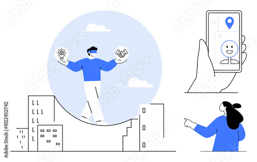 Person using virtual reality headset, apps on mobile device, pointing to cityscape. Ideal for technology, innovation, urban lifestyle, mobile apps, augmented reality. Simple modern style
