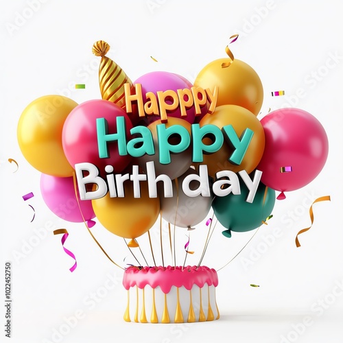 A festive scene featuring colorful balloons and a cake with 