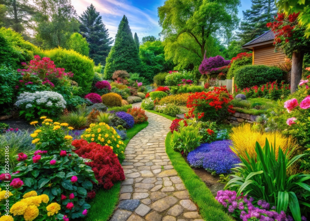 An entry landscape bursting with lush greenery and vivid flowers blends seamlessly with an elegant pathway layout, inviting visitors into a serene outdoor oasis. An entry landscape bursting with lush greenery and vivid flowers blends seamlessly with an elegant pathway layout, inviting visitors into a serene outdoor oasis.