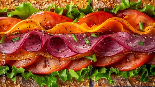 Close up of Sandwich background, top view. Photorealistic high resolution macro photography for advertising or food design.