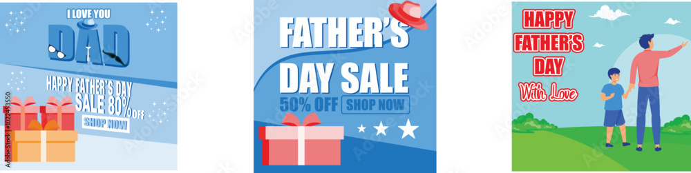 Fototapeta premium Father's Day Sale Poster with tie, hat, glasses and gift box. Promotional template for Father's Day. Cute Father's Day card flying a kite and walking together. Set flat vector modern illustration