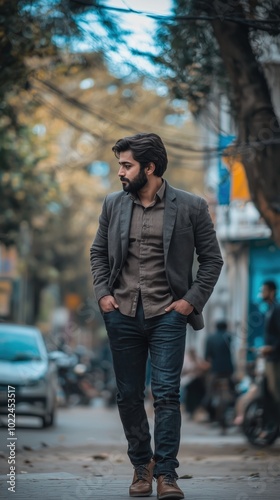 Stylishly Dressed Man Strolling Through the Autumn City Streets