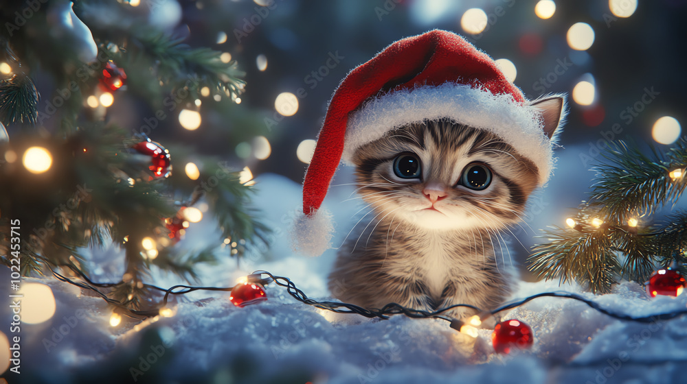 A cute kitten wearing a Santa hat, surrounded by festive lights and Christmas decorations on a serene winter night. A cute kitten wearing a Santa hat, surrounded by festive lights and Christmas decorations on a serene winter night.