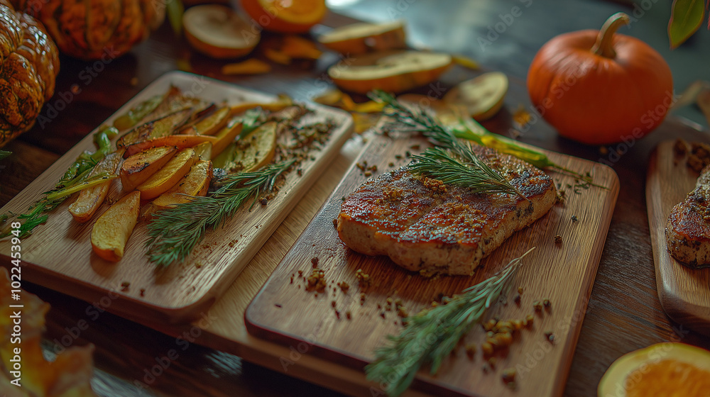 Grilled steak and roasted potatoes with herbs on wooden board Grilled steak and roasted potatoes with herbs on wooden board