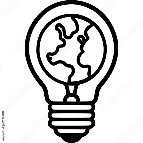 Planet earth inside a light bulb in monochrome. Simple minimalistic vector in black ink drawing on transparent background