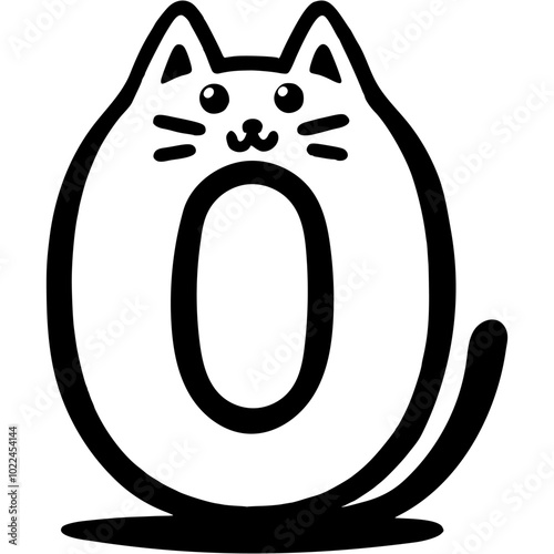 Zero number, 0 digit in kitty style in monochrome. Simple minimalistic vector in black ink drawing on transparent background