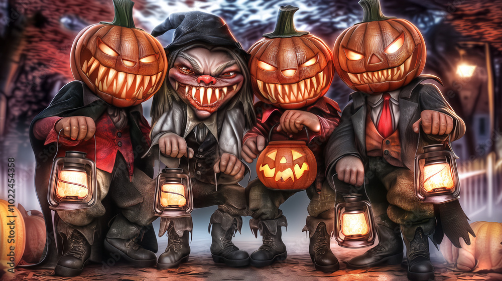 Halloween pumpkin figures with lanterns on a spooky night