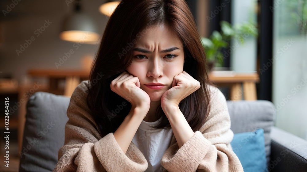 Young woman showing frustration with furrowed brows while resting her chin on clenched fists in a cozy indoor setting Young woman showing frustration with furrowed brows while resting her chin on clenched fists in a cozy indoor setting