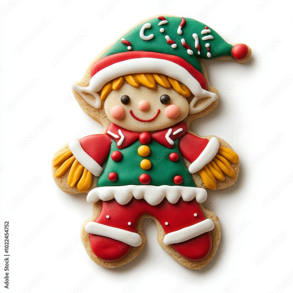 Fototapeta premium Festive Elf Shaped Cookie with Colorful Icing on White Background