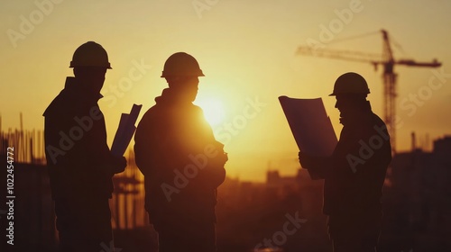 Silhouettes of workers holding blueprints at sunset, with a blurry construction site in the background