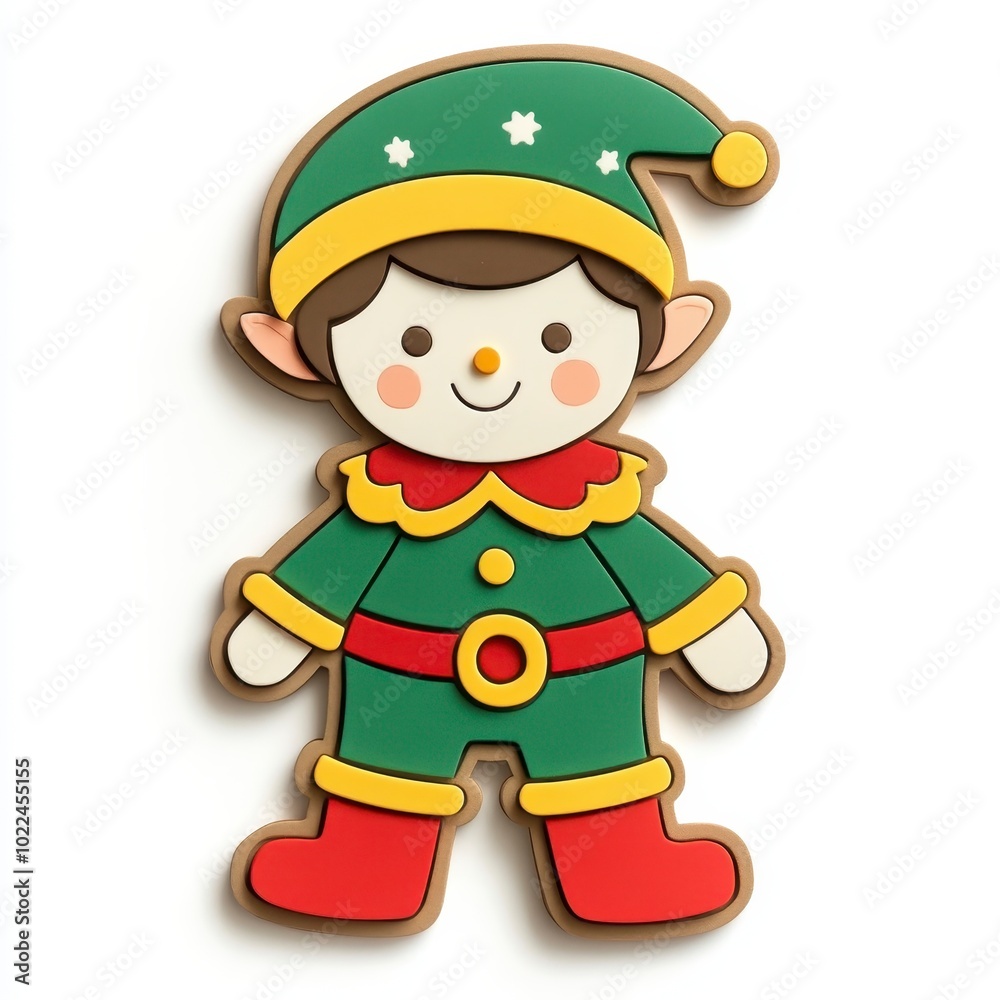 Festive Elf Shaped Cookie with Colorful Icing on White Background Festive Elf Shaped Cookie with Colorful Icing on White Background