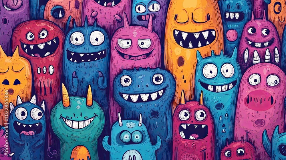 A Crowd of Colorful Cartoon Monsters with Big Eyes and Wide Smiles