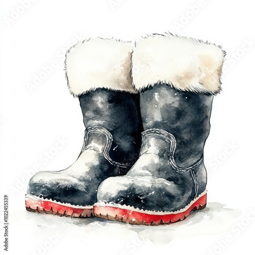 Pair of Santa's Black Boots with Fur Trim on White Background
