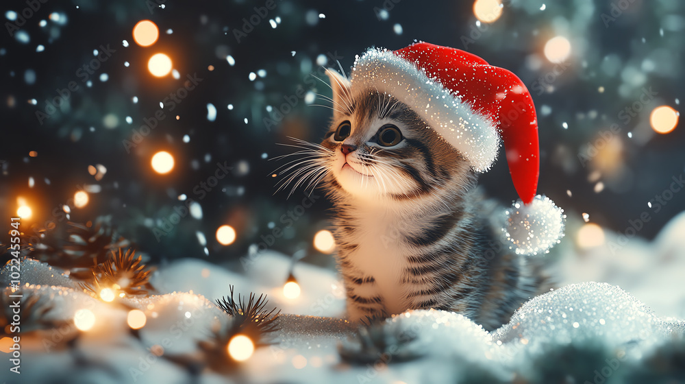A cute kitten wearing a Santa hat surrounded by snow and sparkling lights, creating a cheerful winter atmosphere. A cute kitten wearing a Santa hat surrounded by snow and sparkling lights, creating a cheerful winter atmosphere.