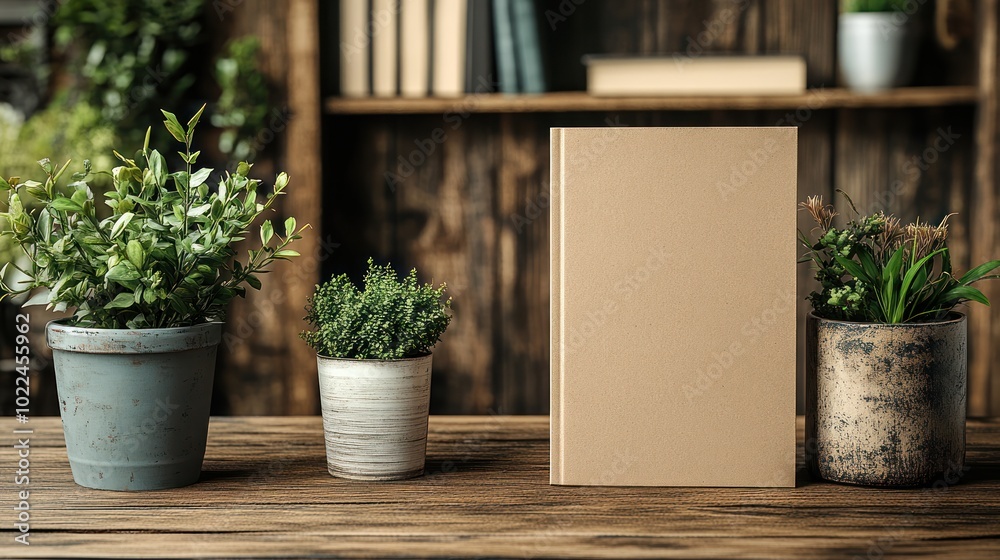 A minimalist display of plants and a blank book on a wooden table. A minimalist display of plants and a blank book on a wooden table.
