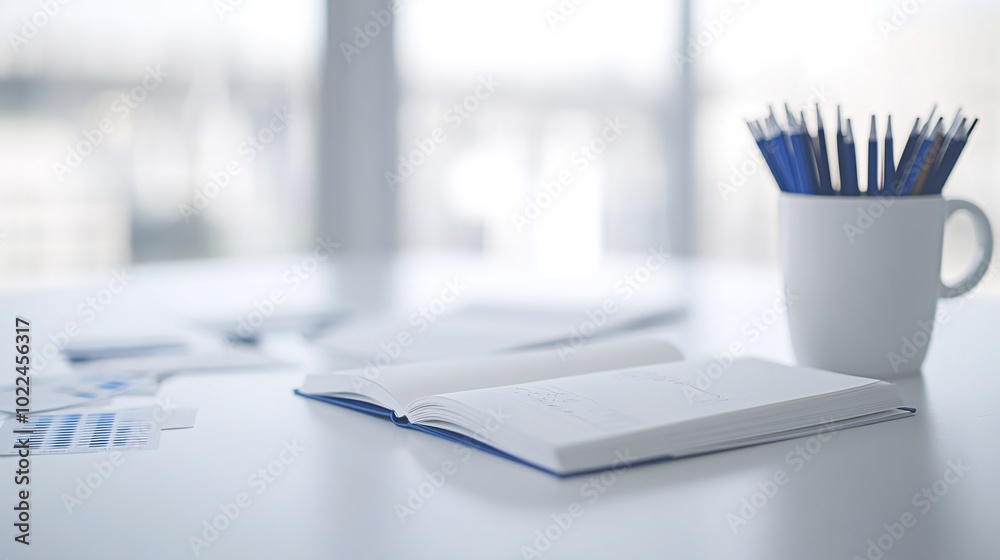An open notebook sits on a white desk with a cup of pencils and scattered papers in the background. An open notebook sits on a white desk with a cup of pencils and scattered papers in the background.