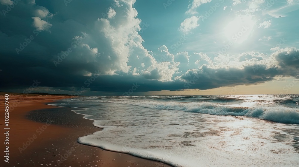 Naklejka premium A Coastal Landscape with Dramatic Clouds and Foamy Waves