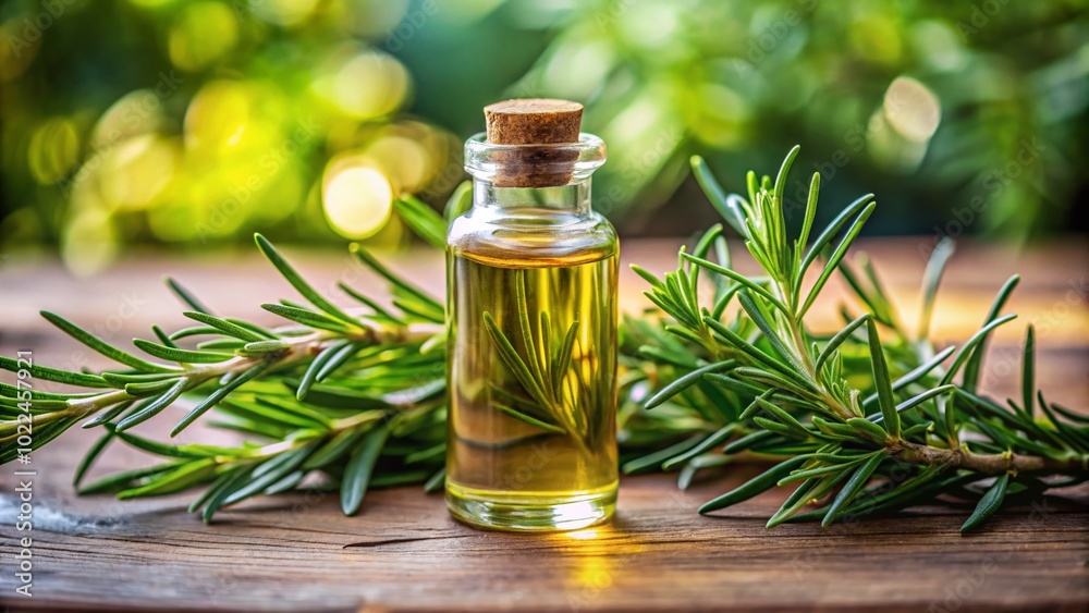 Rosemary Essential Oil in Natural Setting - Aromatherapy and Wellness Focus Rosemary Essential Oil in Natural Setting - Aromatherapy and Wellness Focus