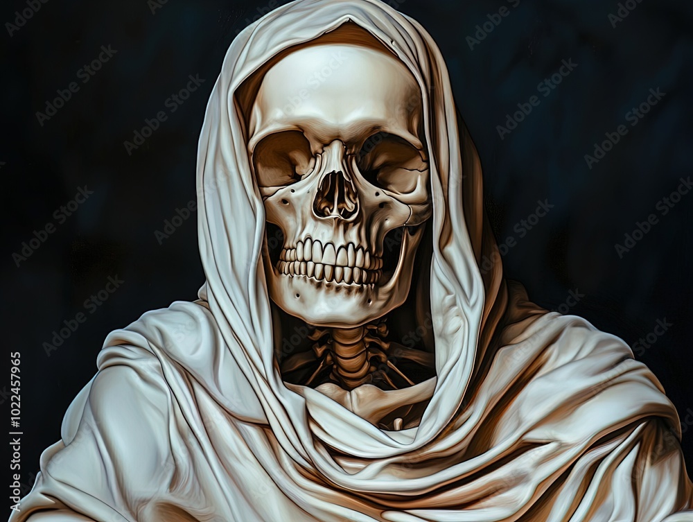 Ethereal Serenity: A Skeletal Figure in Flowing White Fabric - Perfect for Sporty Decor Posters & Art Prints to Add a Unique Touch to Your Space