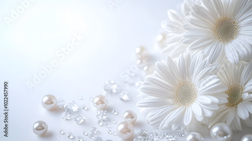 Pure white daisies and lustrous pearls on a pristine backdrop, space for text or image insertion