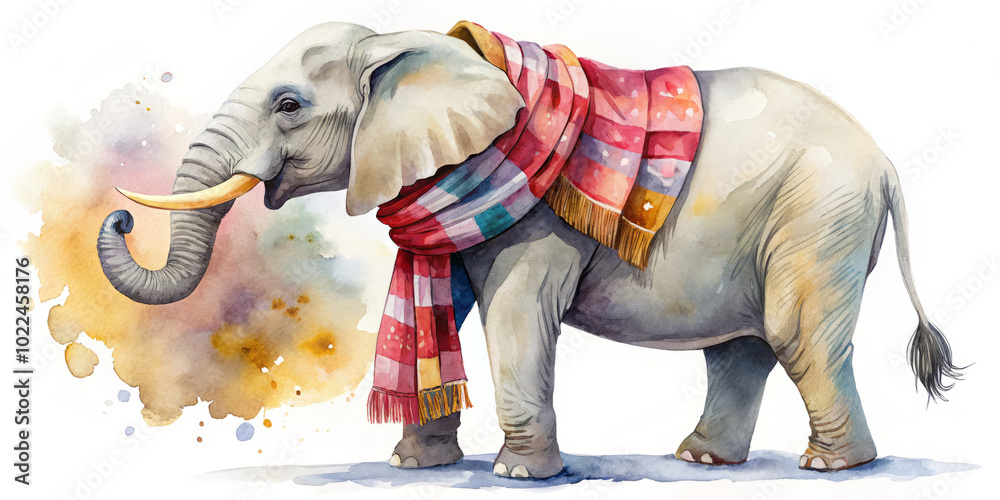 Obraz premium charming elephant wearing colorful scarf stands gracefully against vibrant watercolor backdrop, showcasing its playful spirit and unique style