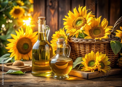 Rural Still Life: Sunflower Oil Bottles Surrounded by Vibrant Sunflowers for Nature Photography