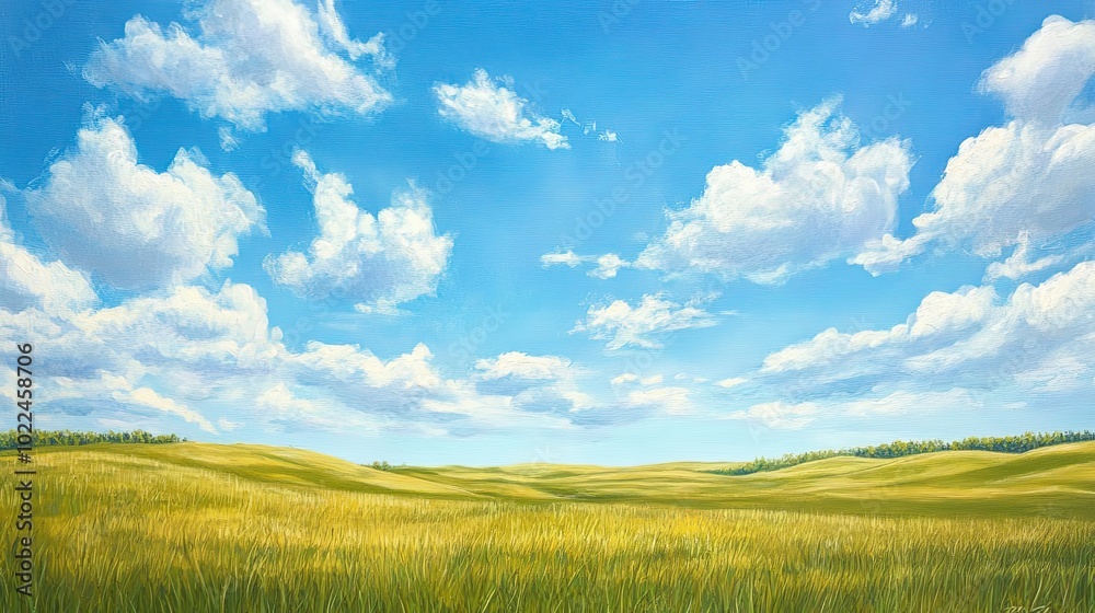 Fototapeta premium Rolling Green Hills Under a Blue Sky with Fluffy White Clouds
