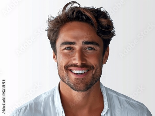 smiling man with white shirt closeup portrait for dental ad stylish hair beard strong jawline isolated on white