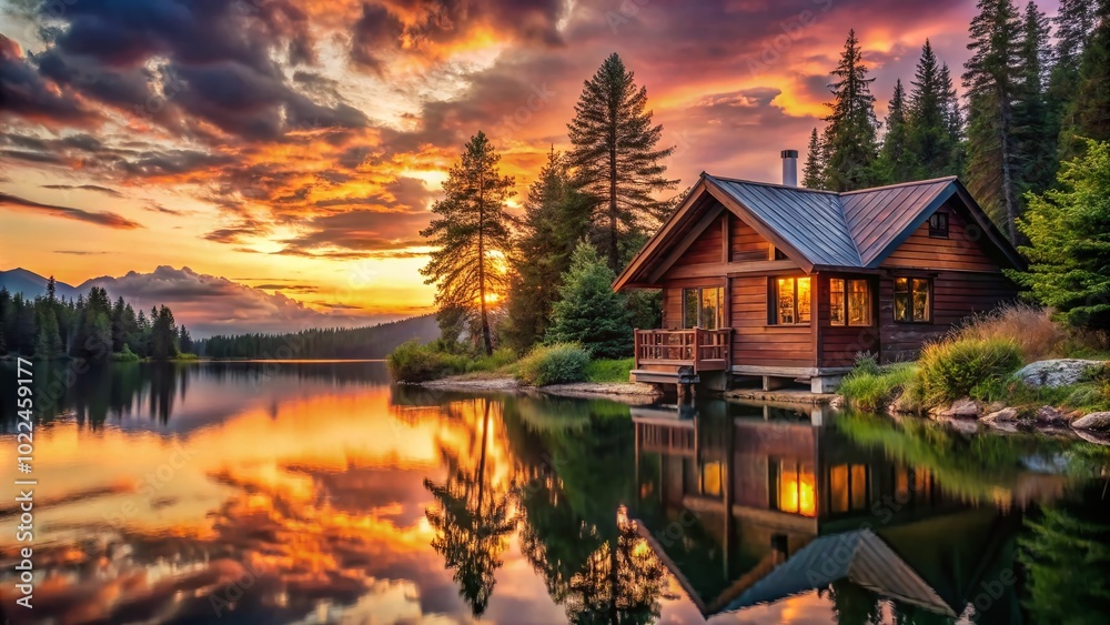 Fototapeta premium Scenic Cabin by the Lake at Sunset - Serene Architectural Photography