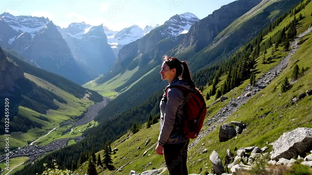 A woman wearing a backpack stands on a mountainside, looking out at a breathtaking valley surrounded by towering snow-capped peaks. A woman wearing a backpack stands on a mountainside, looking out at a breathtaking valley surrounded by towering snow-capped peaks.