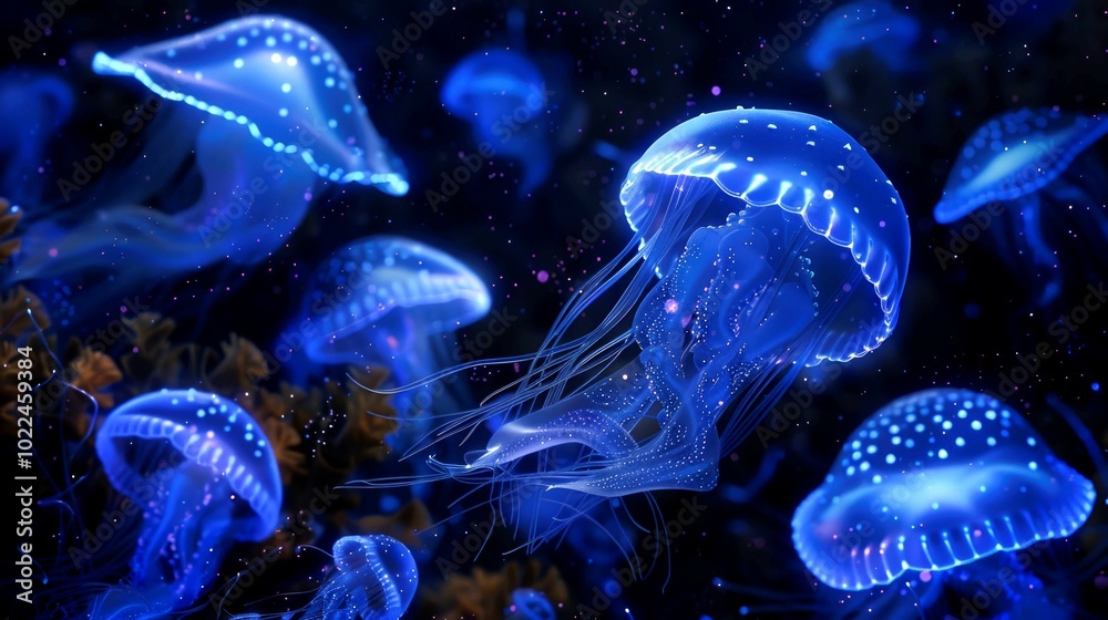 Obraz premium A mesmerizing underwater scene featuring glowing jellyfish in a dark ocean environment.