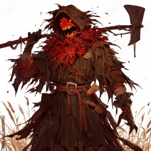 A menacing figure in a tattered cloak, wielding an axe, with a fiery, skeletal face. photo