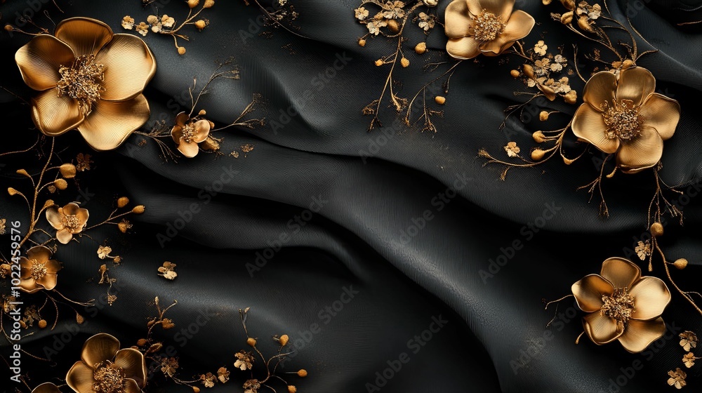 Golden Flowers and Branches on Black Fabric Golden Flowers and Branches on Black Fabric
