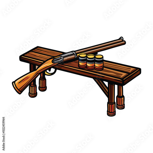 A double-barreled shotgun with a wooden stock resting on a wooden bench with ammunition.