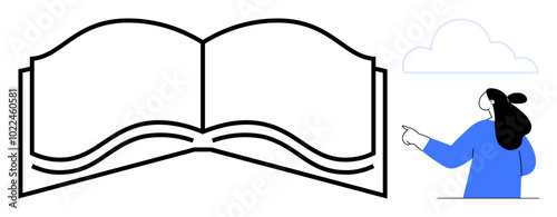 Open book with thick lines placed next to an abstract person pointing at a single cloud. Ideal for education reading imagination learning and storytelling. Simple minimalist vector style