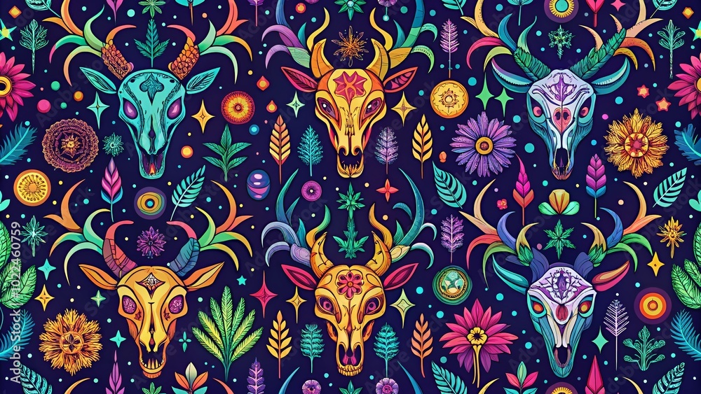 Seamless Vector Pattern of Magic Symbols and Animal Skulls in Silhouette Photography Style Seamless Vector Pattern of Magic Symbols and Animal Skulls in Silhouette Photography Style