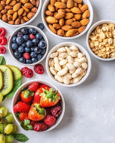 Assorted fresh fruits, nuts, and granola in white bowls on a light background.