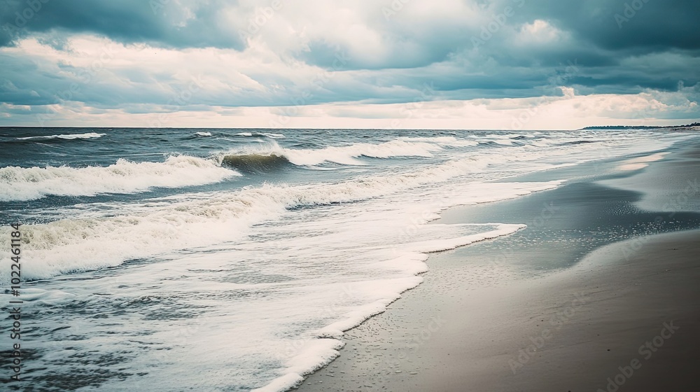 Stormy Seascape with Foamy Waves Crashing on Sandy Beach Stormy Seascape with Foamy Waves Crashing on Sandy Beach