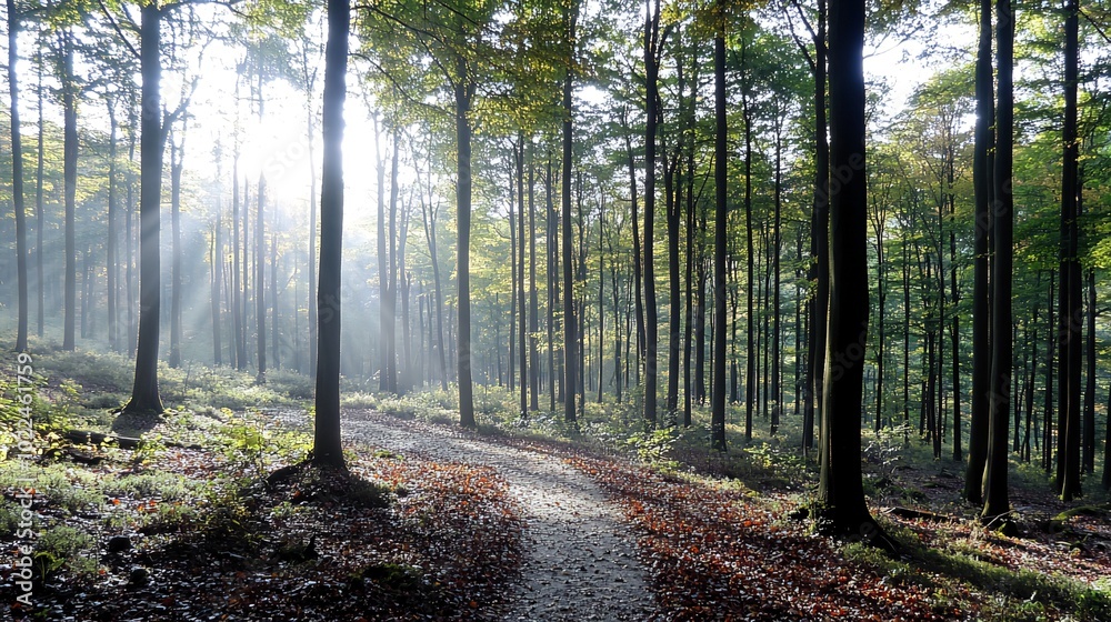 Obraz premium Sunlight streams through the trees in a dense forest, illuminating a path leading into the woods.