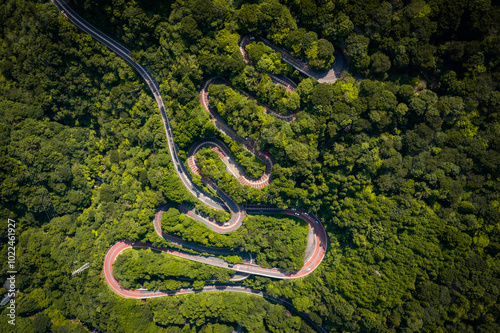 Aerial view of a winding mountain road in Fuji-Hakone Izu National Park, Japan photo